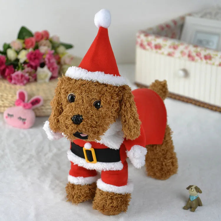 Red polar fleece pet Christmas costume with Santa Claus design on a standing dog