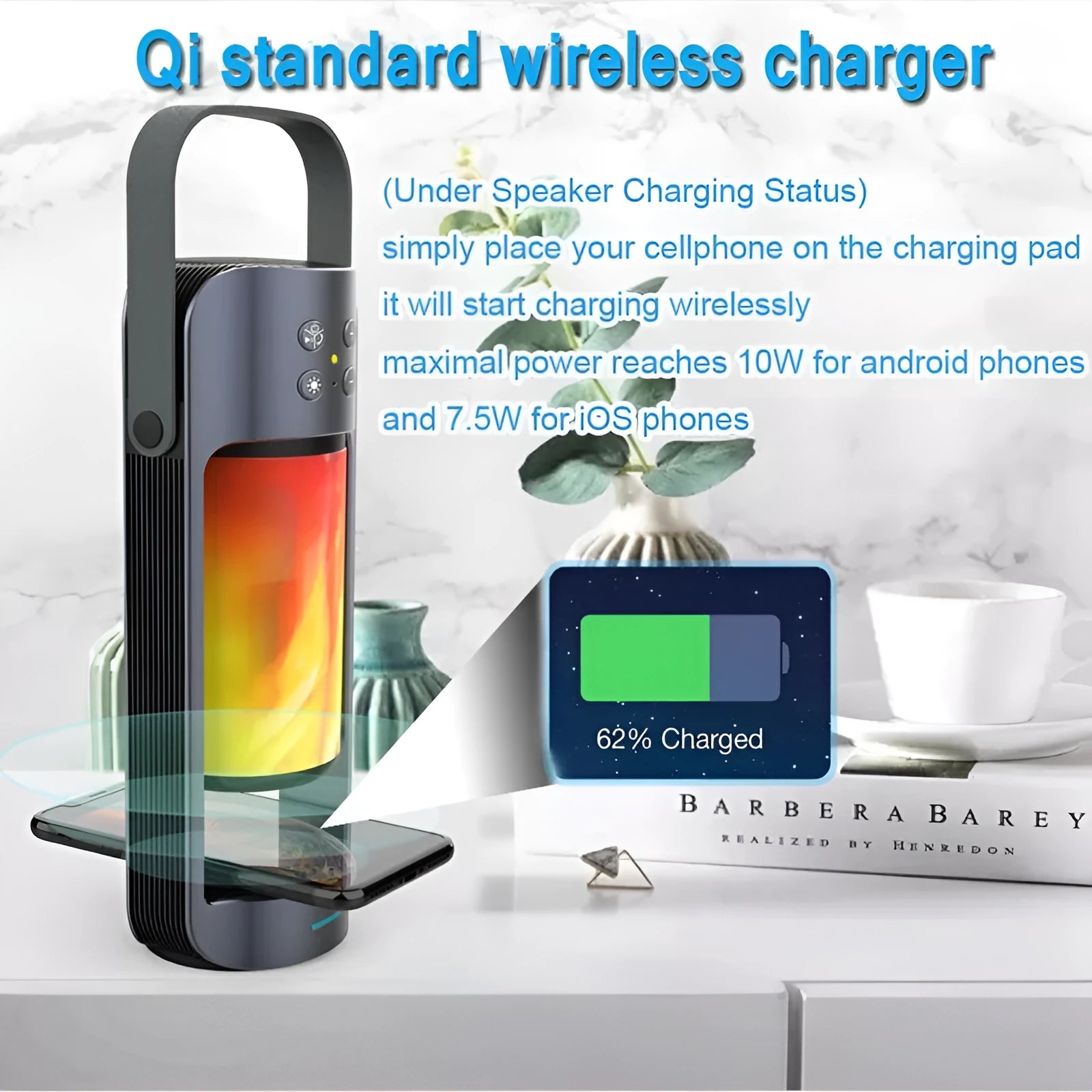 Portable Alpha Flame Light Bluetooth speaker with realistic dancing flame effect and wireless charging function in blue