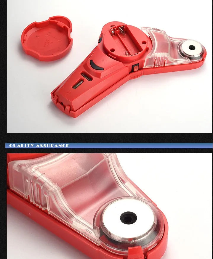 Red portable infrared and line laser level for woodworking punch positioning on a work surface