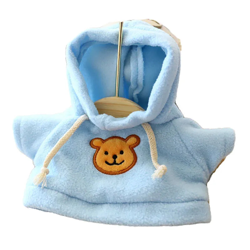 Dog wearing a cloth hoodie sweater in blue, available in 23cm medium or 42cm large sizes