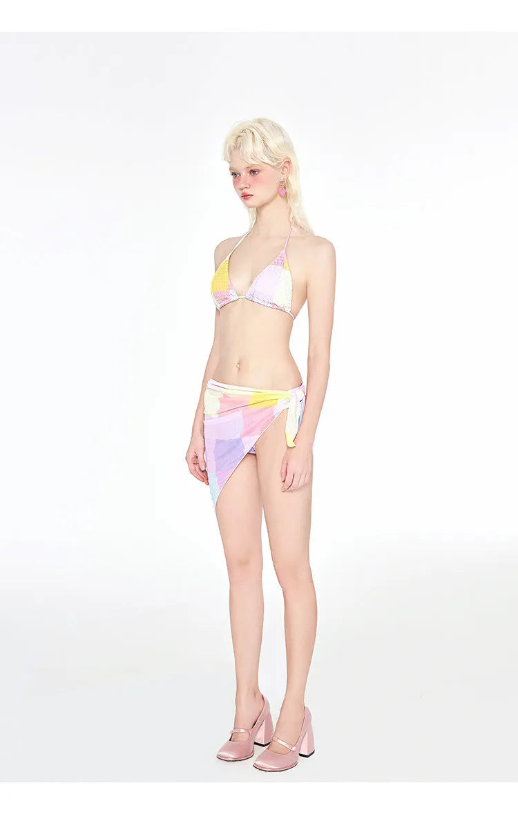 Rainbow pink triangle bikini set with wireless cup and chest pad on beach