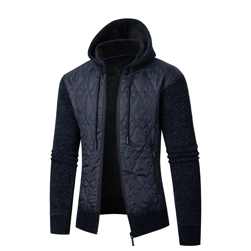 Men's grey wool corduroy hooded sweater coat with cinched waist shown on adult male model