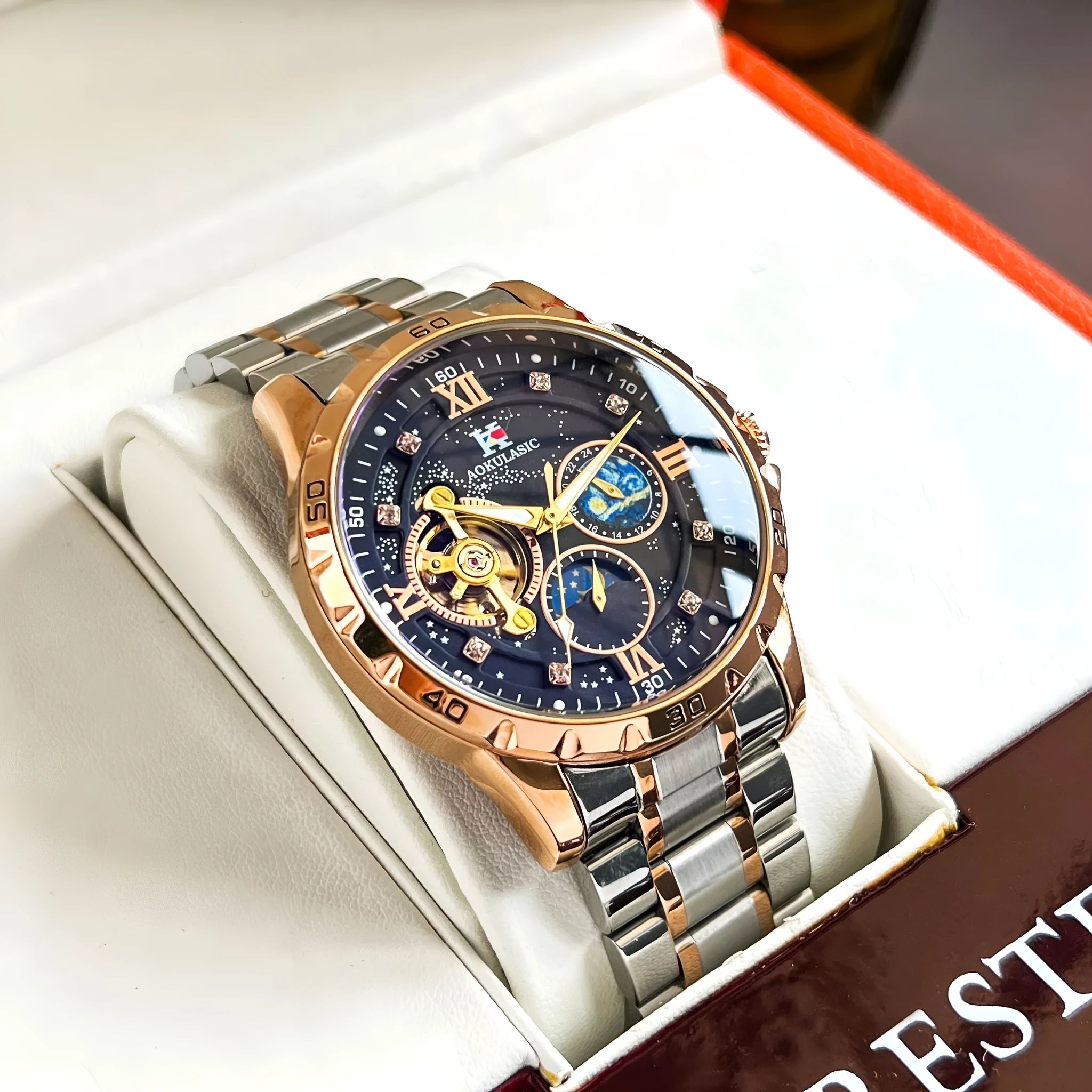 Automatic mechanical men's watch with rose gold case, black dial and large display