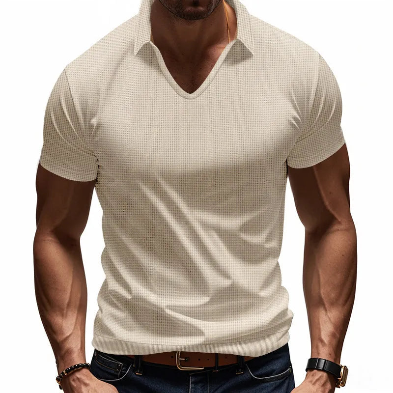 Men's loose fit V-neck short sleeve T-shirt in cotton blend fabric showing colour options