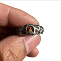 Hand-forged copper Grotto Buddha ring with rock texture and embossed symbol