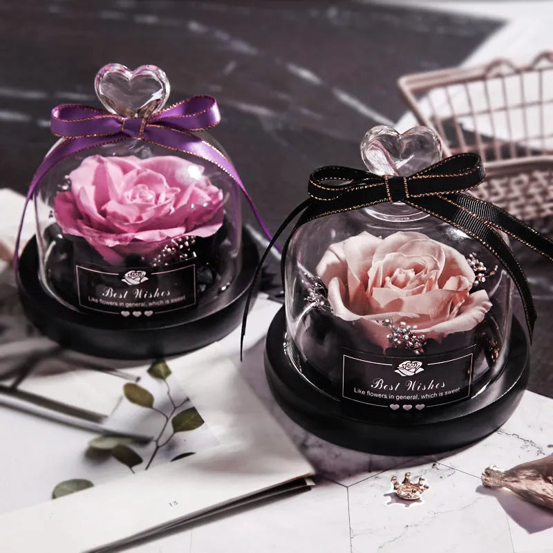 Eternal real rose in transparent glass case with LED light, 13x13x12cm, colour classic red