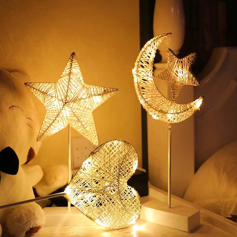 Rattan LED decorative light set showing star, heart and moon designs with copper wire details