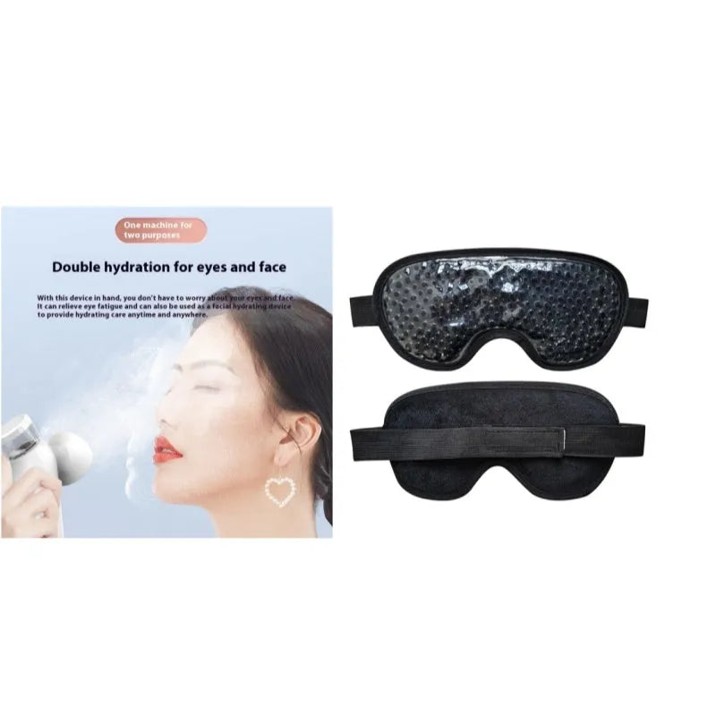 White rechargeable portable eye compress device with a fabric eye mask on a grey background.