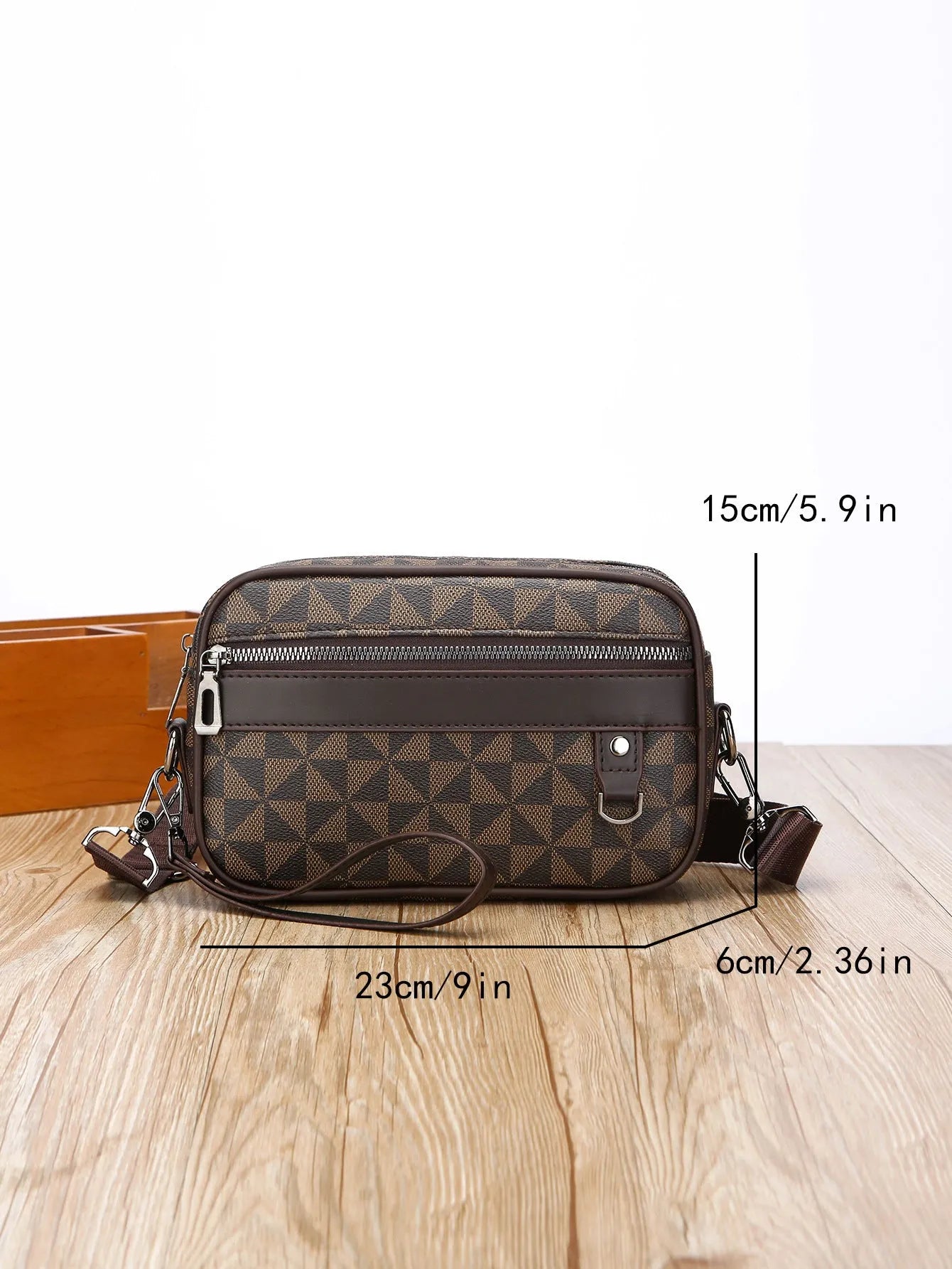Large capacity men's messenger bag in 2206 Black with geometric pattern PU exterior and handheld design