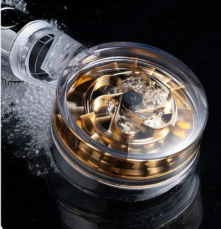 High pressure turbo shower head with ABS body, stainless steel panel, silicone nozzles, and one-key stop button