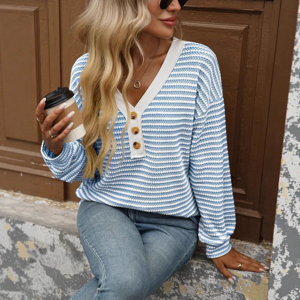 Women's loose V-neck pullover top with patchwork design in polyester fabric
