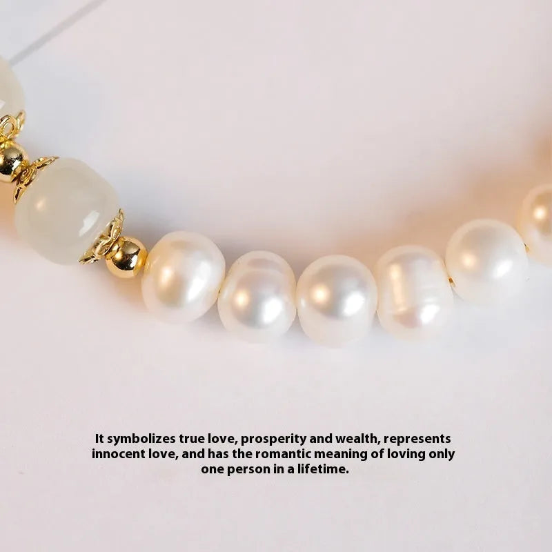 Korean style bracelet with diamond-shaped natural freshwater pearls in electroplated Hetian jade colour.