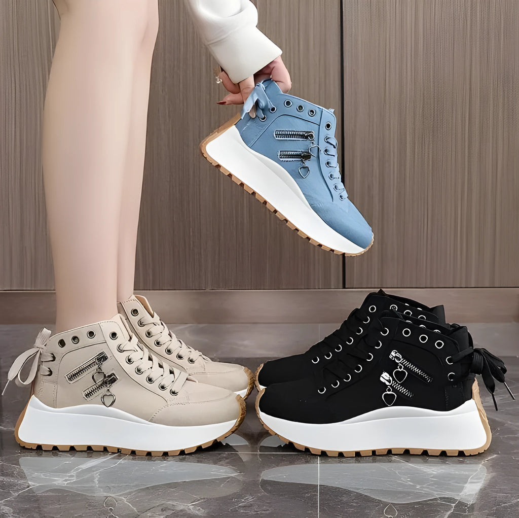 Women's high-top platform casual shoes round toe artificial PU in black, blue, or khaki