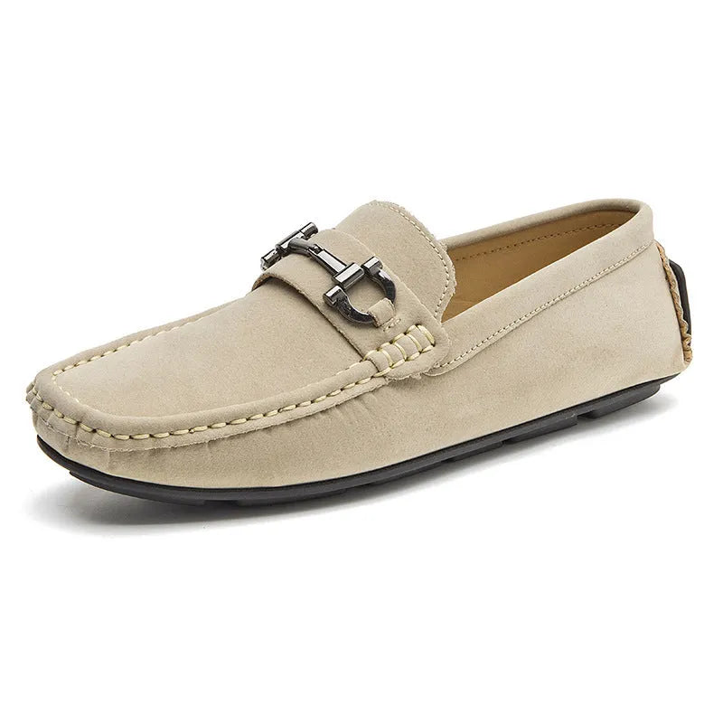 Men's round-toe cowhide leather lazy doug casual shoes in black, brown, and beige on a plain background