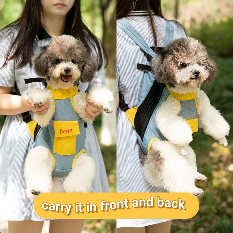 Puppy Kitten Travel Chest Sling Bag in Blue Yellow colour, front view, showing breathable pouch and cross shoulder strap