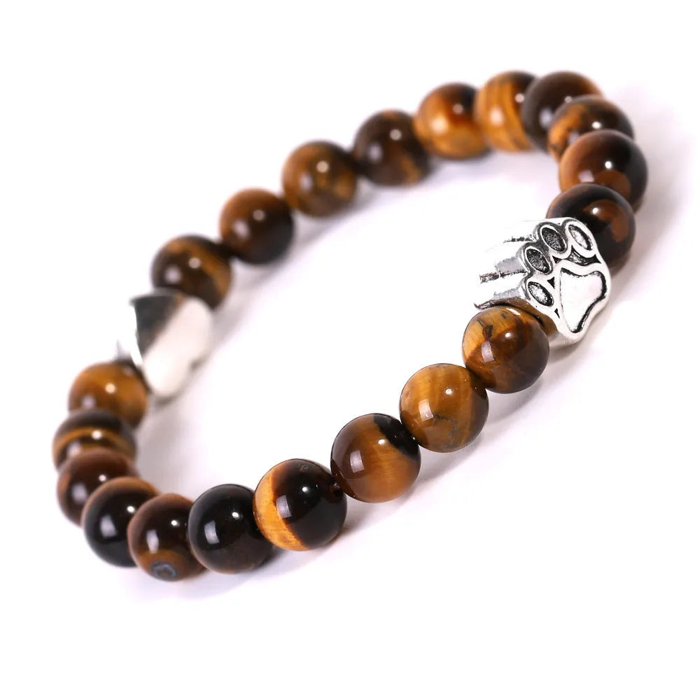 Indian agate stone bracelet with dog's paw and love heart geometric designs on wrist
