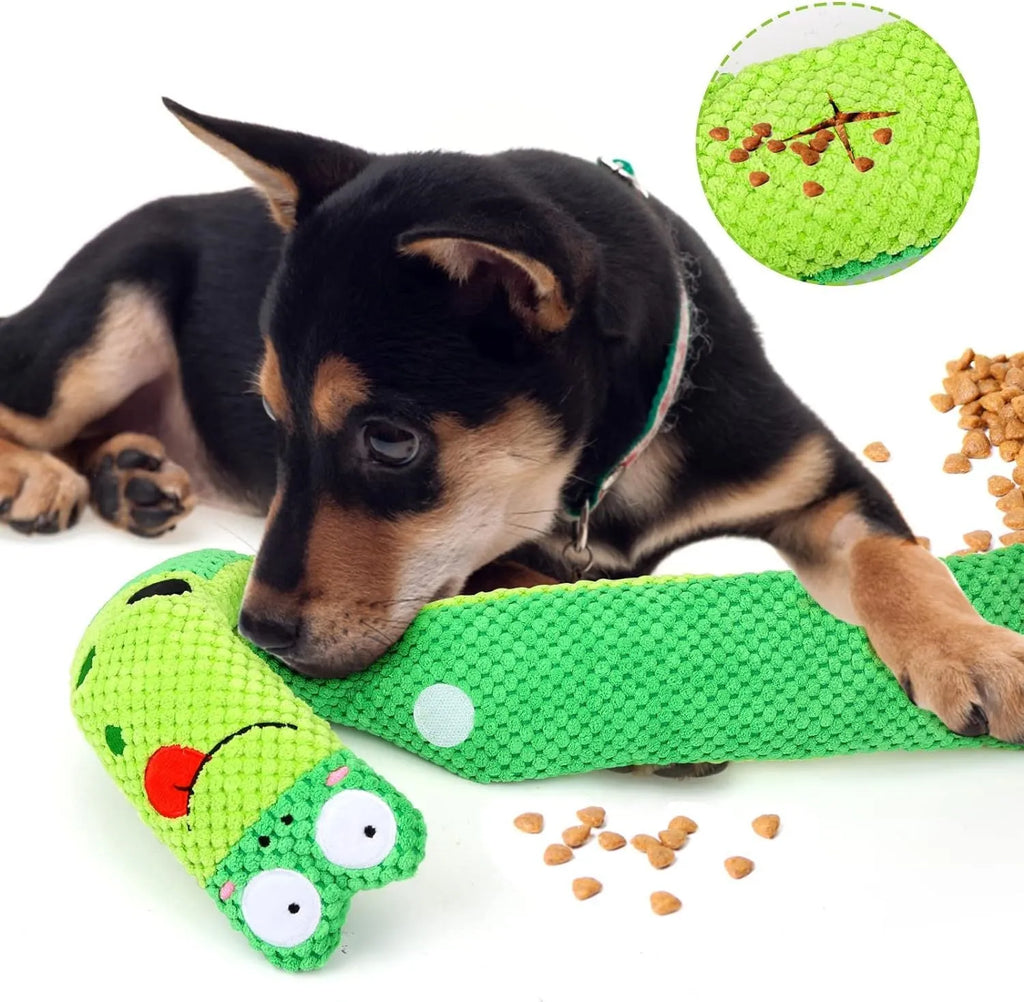 Transformable squeaky dog snuffle toy shown in snail and stick shapes for foraging games.