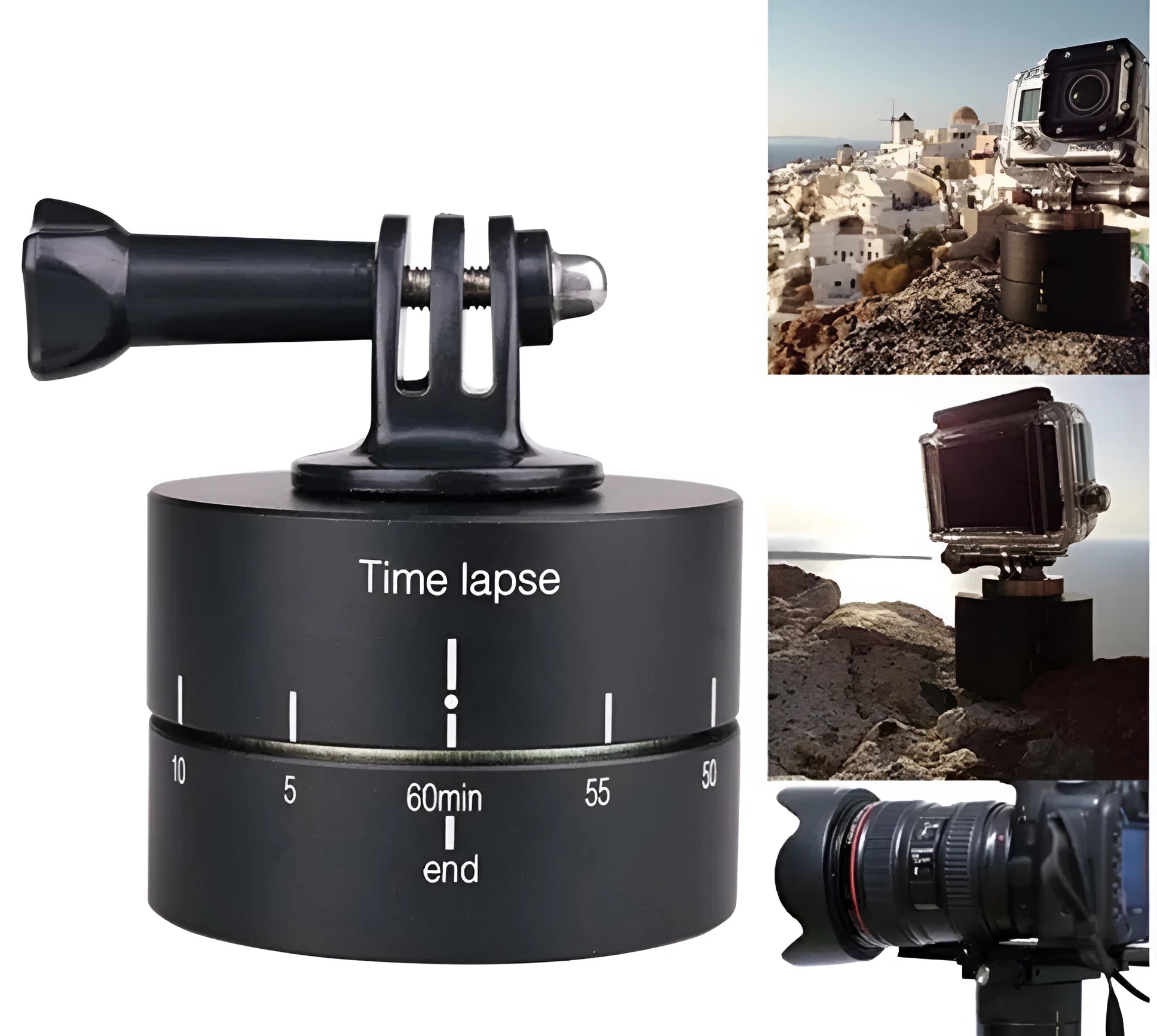 360-degree auto-rotate camera tripod head base for timelapse photography on a tripod.