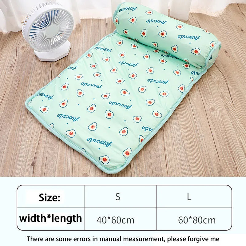 Blue cooling dog mat on floor with small dog lying on it, breathable ice silk cotton surface