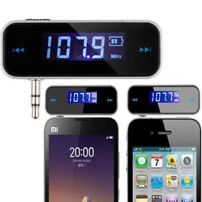 Black car FM transmitter with LCD display and 3.5mm aux cable for Android phones and other music players