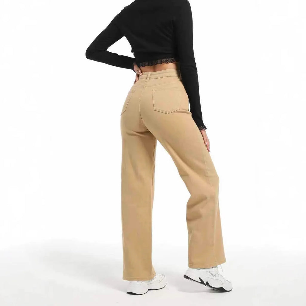 Women's autumn straight leg jeans in apricot colour with wide leg design and high waist