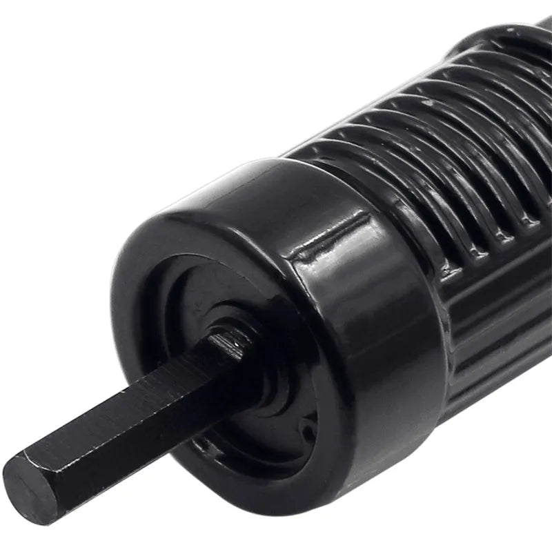 Black metal electric drill rivet gun with alloy steel forged head, 173mm length, includes handle, wrench and four rivet heads