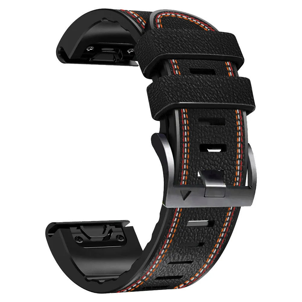Silicone leather quick release watchband for Garmin Fenix smartwatch in black, shown alongside brown and white colour options.