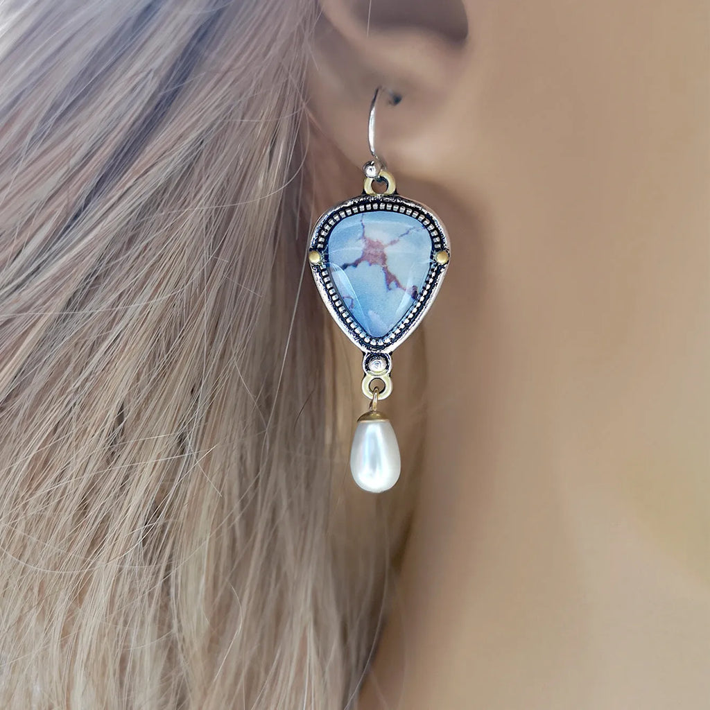 Retro blue geometric drop earrings with synthetic opal and pearl detailing on two-tone electroplated metal