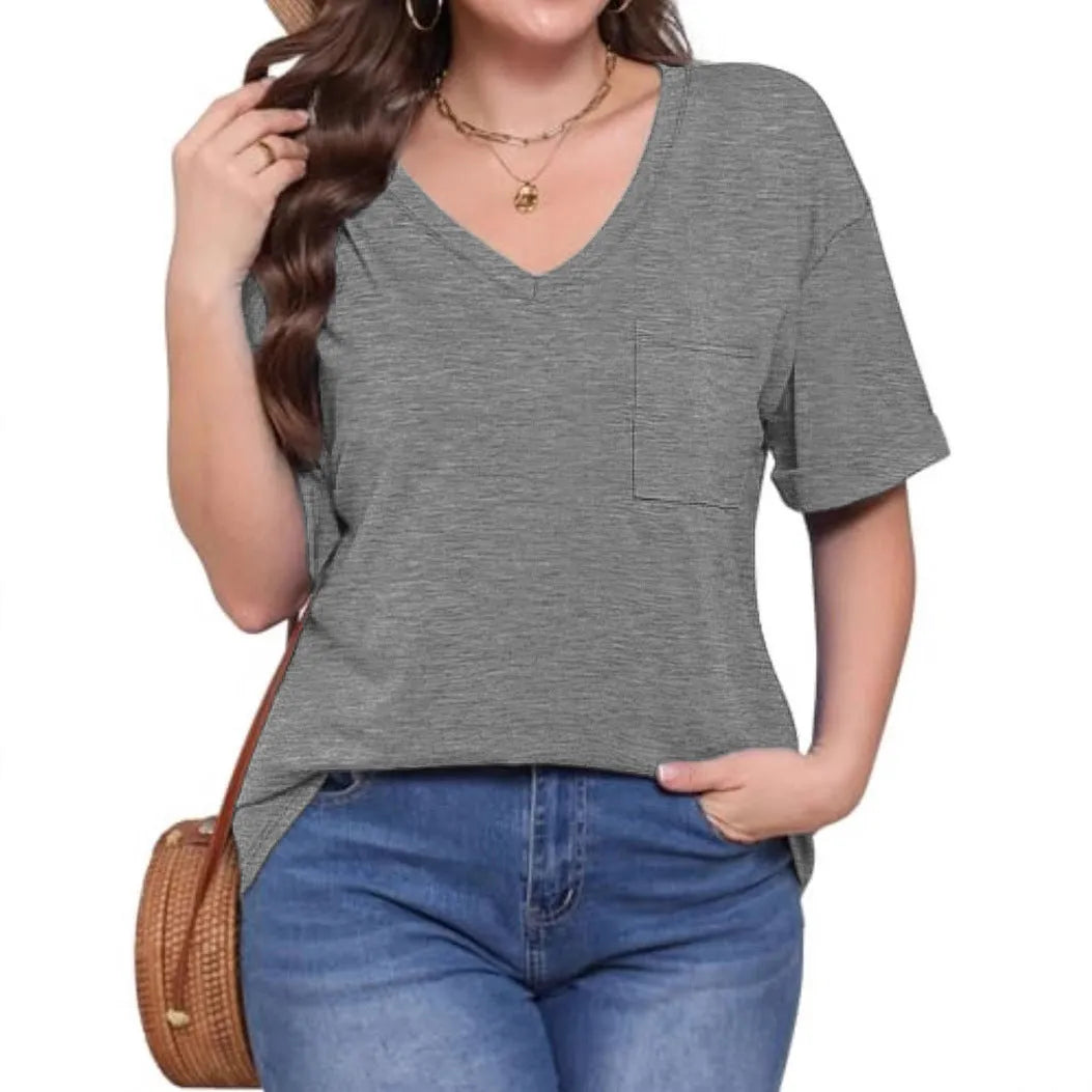 Grey loose fit V-neck short sleeve t-shirt on a hanger
