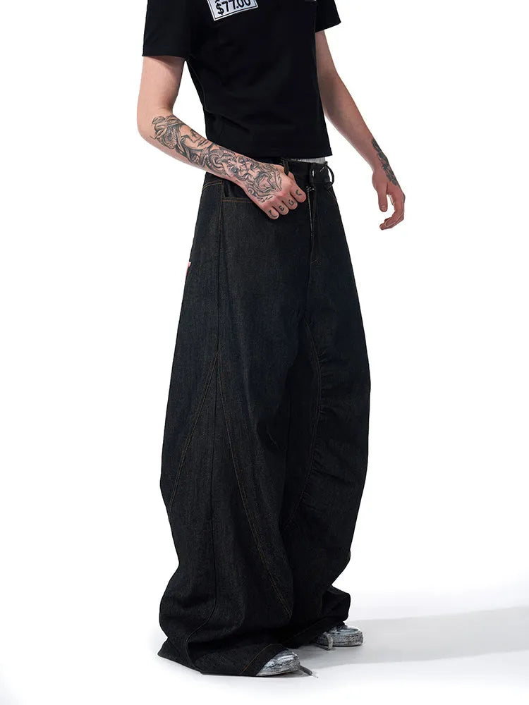 Black temperature-sensitive colour-changing embroidered red ear wide leg jeans in cotton denim