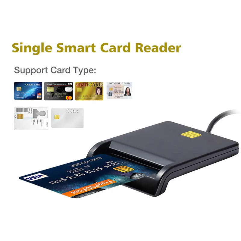 Black USB smart card reader for ID, SIM, CAC, and bank cards with ABS casing