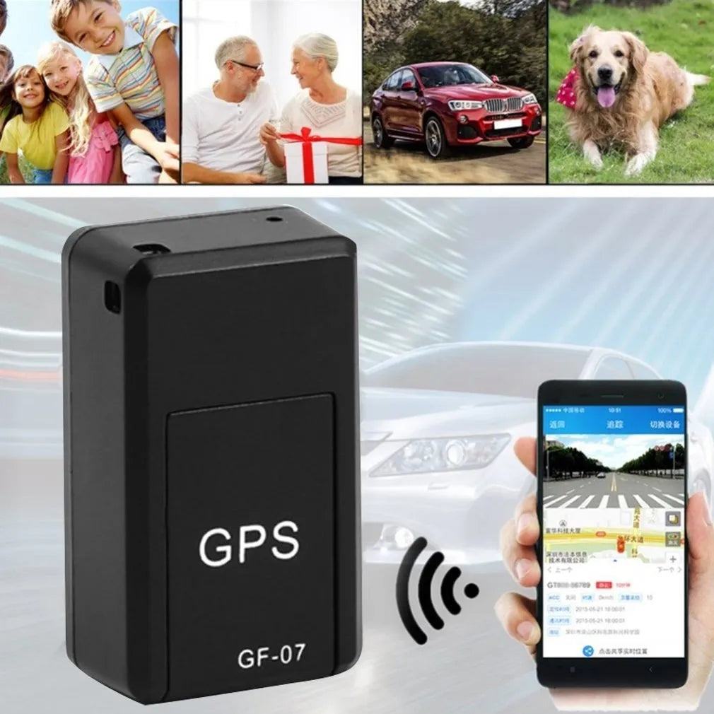 Black mini GPS car tracker device with magnetic mount for vehicle tracking
