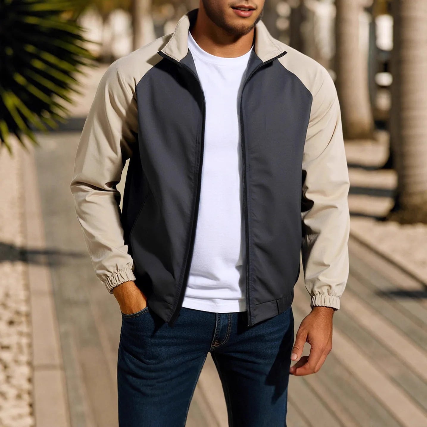 Men's casual coat with stand collar and contrast colour, loose fit raglan sleeve in polyester blend
