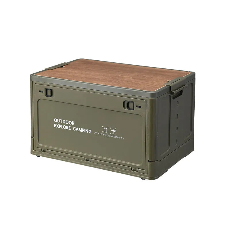 Large Nordic green foldable plastic storage box with wooden lid, 45L capacity.