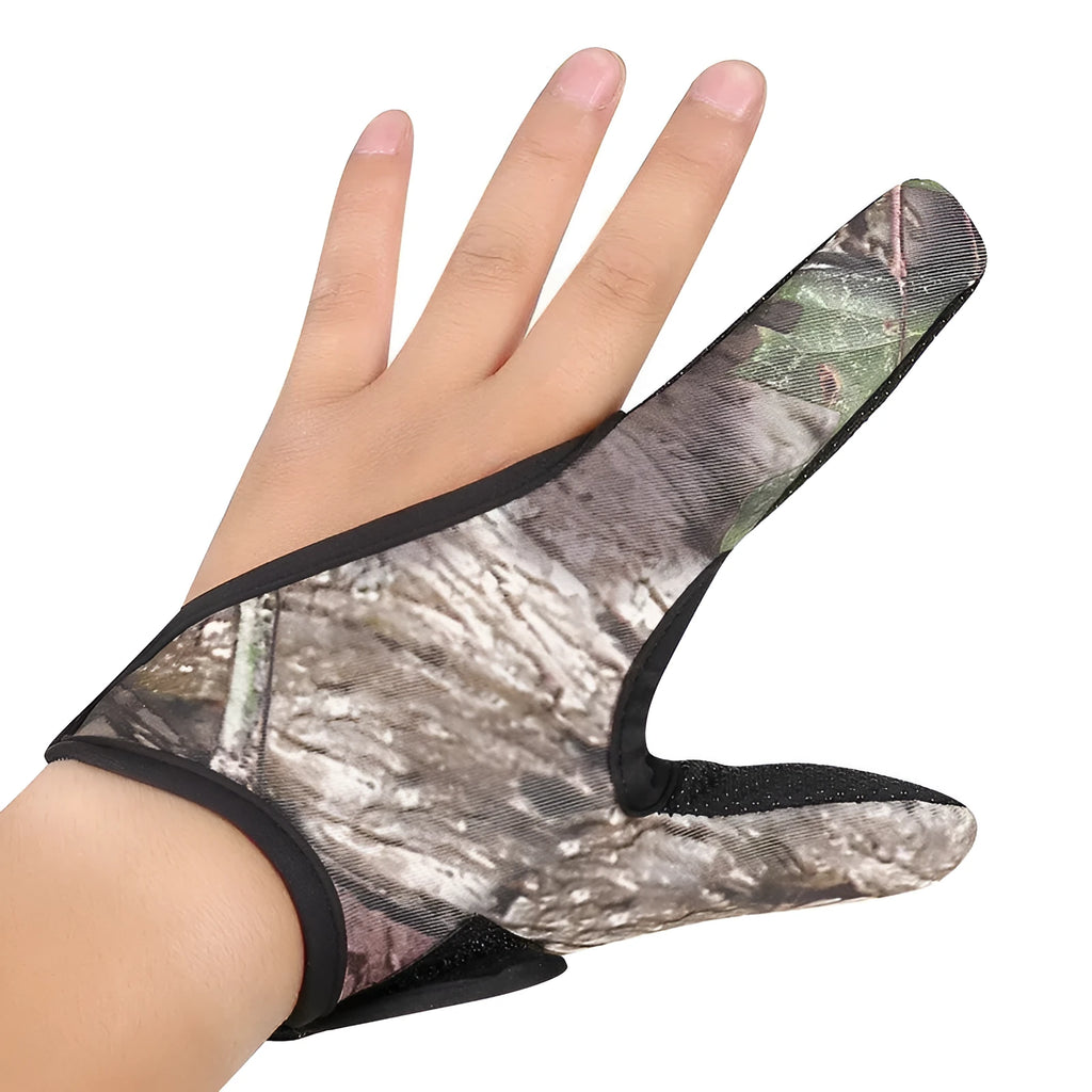 Two-finger fishing tackle glove for lure fishing in black colour showing diving cloth back and microfiber palm construction