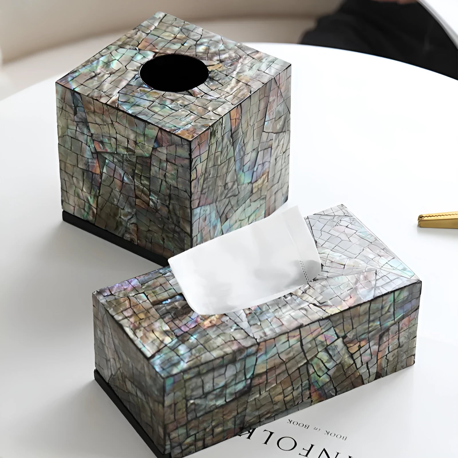 Black natural shell storage box in modern design for tissue storage and tabletop organisation