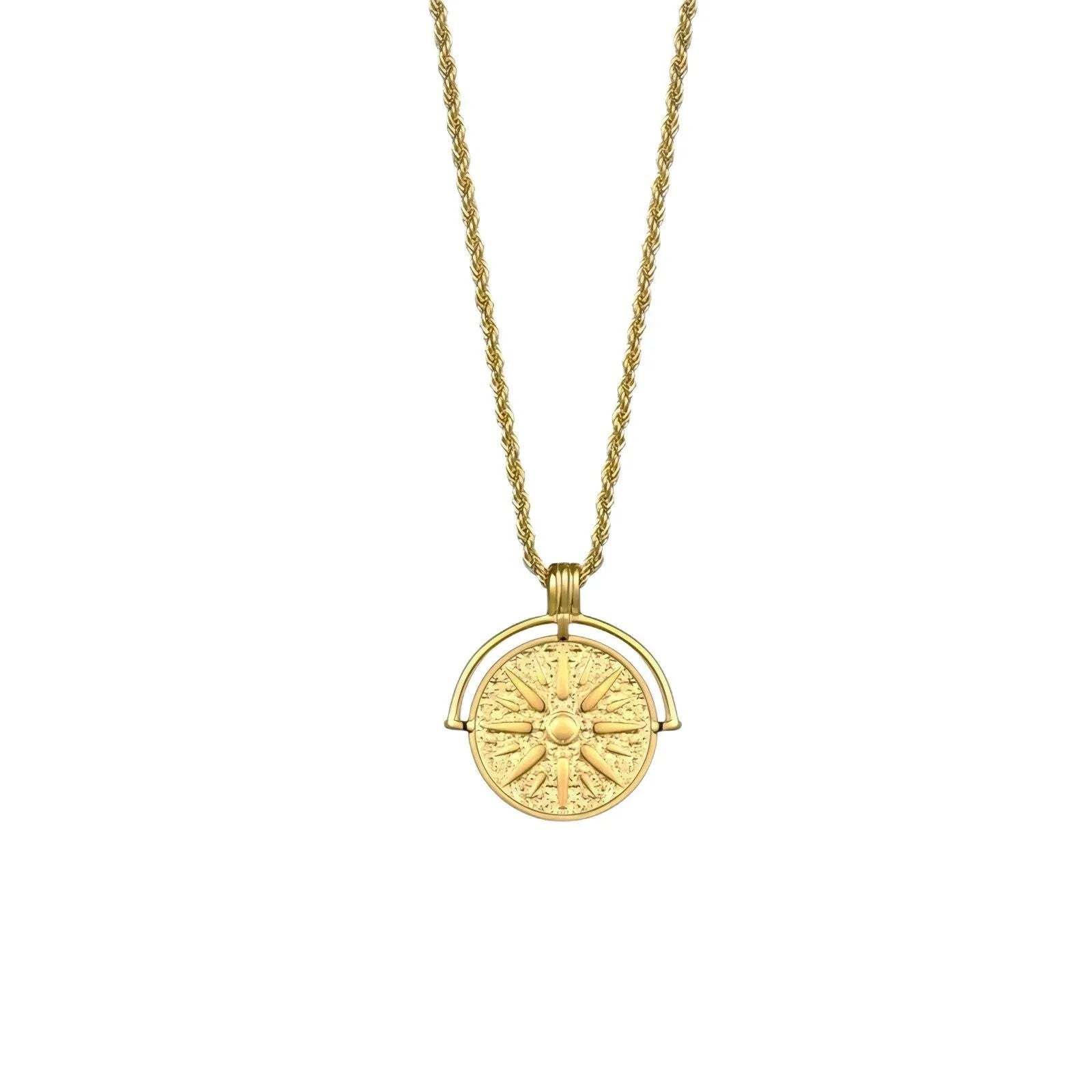 Sunflower embossed geometric pendant necklace on stainless steel adjustable chain