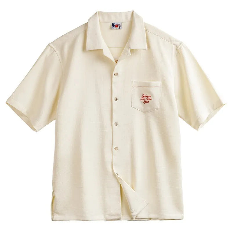 Men's light apricot Cuban collar shirt with bamboo and flower pattern, short sleeves