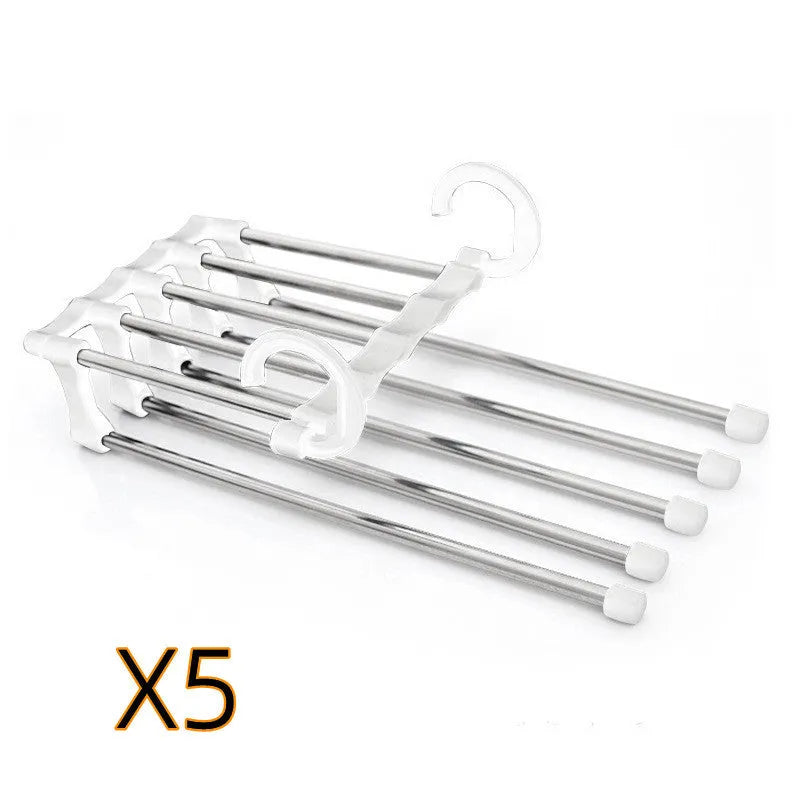 Black 5-in-1 stainless steel trouser hanger with five booms and dual hooks on a clothes rack