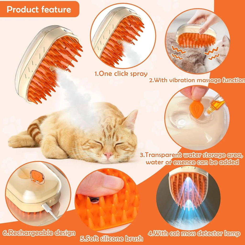 Yellow 4-in-1 cat steam brush with water spray, vibration massage, and ringworm detector for pet grooming