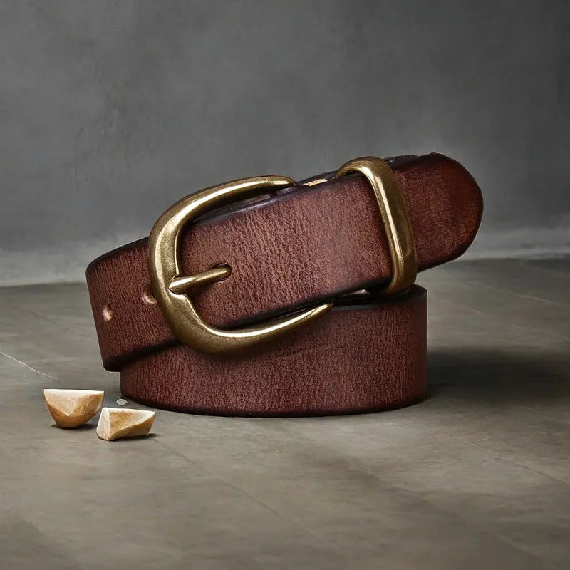 Men's cattlehide leather belt with copper pin buckle in black, brown, or khaki colour