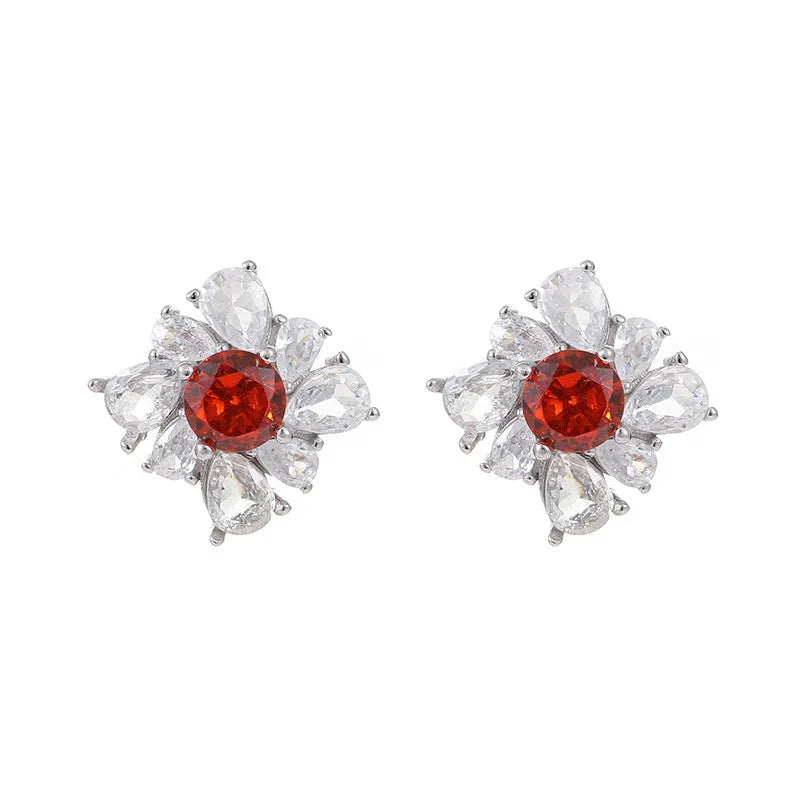 Retro 925 silver earrings with pigeon red diamond temperament and white gold colour electroplated finish, geometric U-shaped design