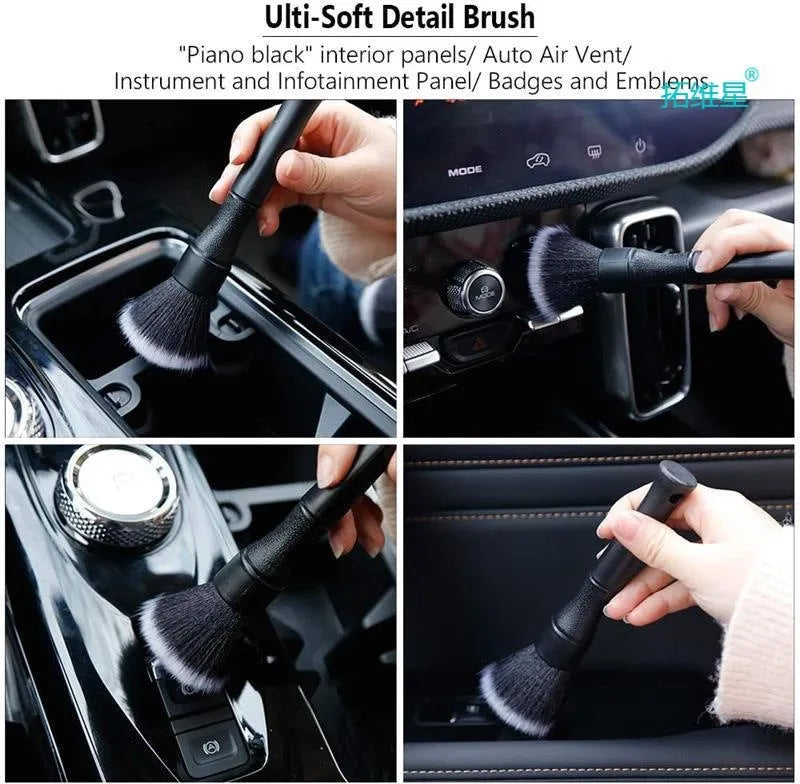 Black car detailing brush with pig hair bristles shown in two size options for interior cleaning