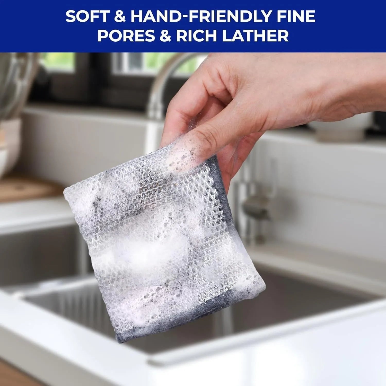 Silver silk double-sided scouring pad with steel wire ball and microfiber, shown in 20cm and 25cm sizes.
