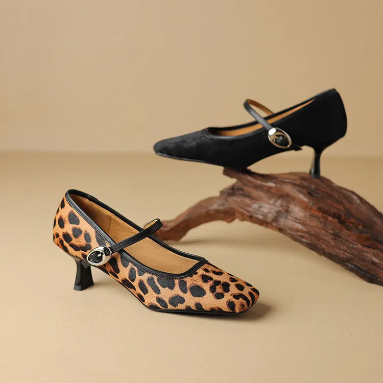 Women's black square toe stiletto ankle-strap heels with horse hair upper