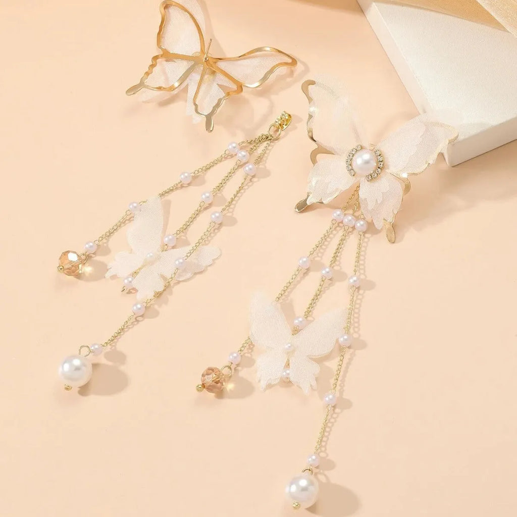 White butterfly tassel earrings with lace pearls and rhinestones on copper alloy