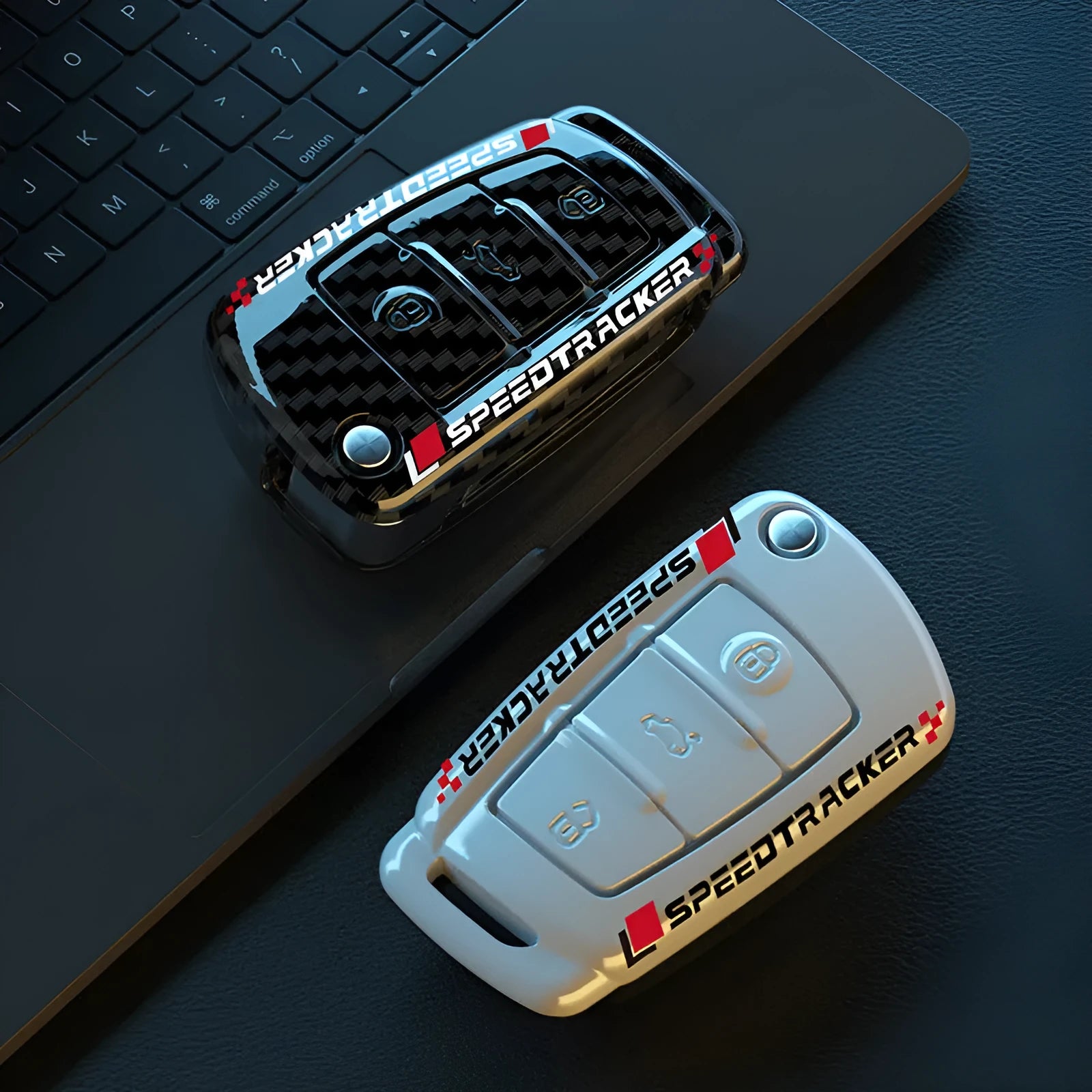Carbon fibre style car key cover with mirror finish in carbon and white colour options