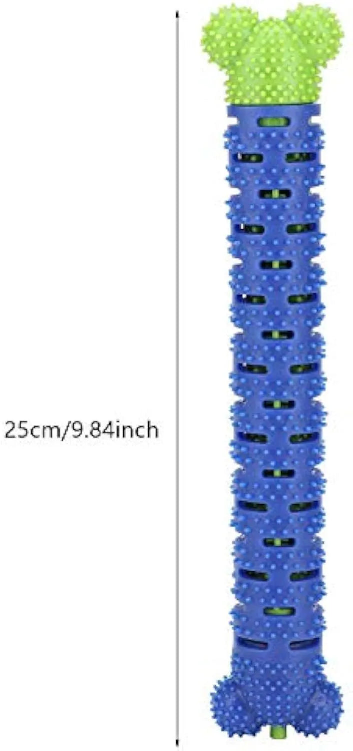Blue-green silicone dog dental cleaning stick with textured surface and inner bristle core