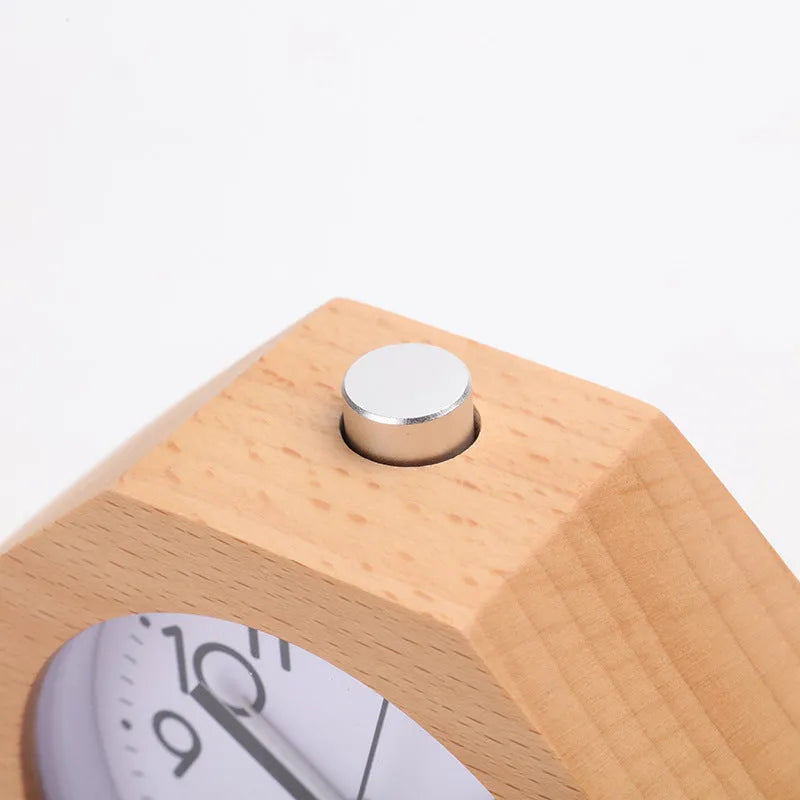 Polygonal beech wood alarm clock with luminous dial, available in brown white and gray white