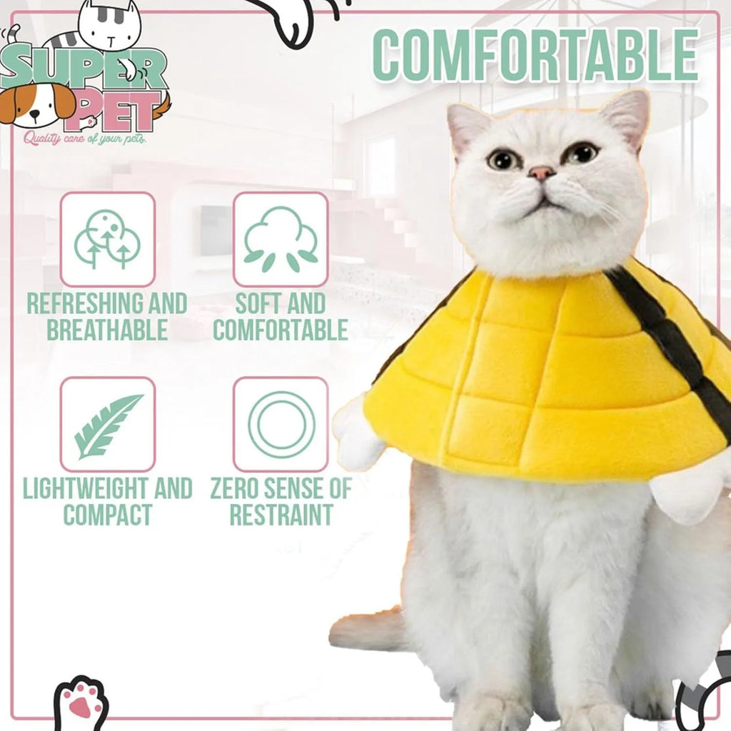 Soft cat cone collar with black and yellow bee design and adjustable Velcro strap.